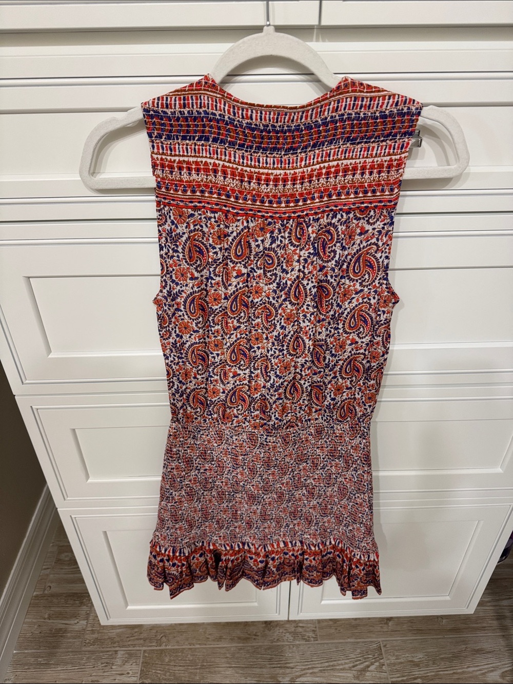 Veronica Beard Red and Navy Paisley Smocked Waist Sleeveless Top - Picture 3 of 3